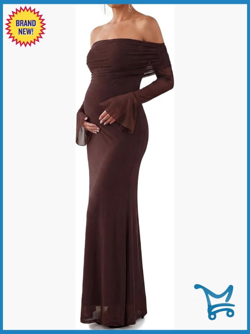 Maternity Off Shoulder Long Sleeve Bodycon Maxi Dress Formal Wedding Guest - Picture 1 of 7